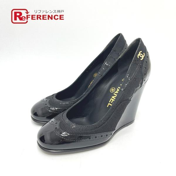 未使用 CHANEL シャネル G31216 ココマーク ウェッジソール 靴 パンプス ブラック レ...