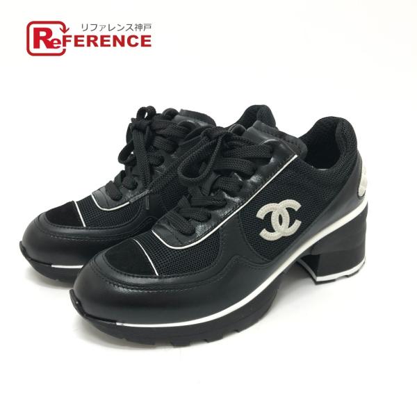 CHANEL シャネル G46871 ココマーク ヒール スニーカー ミックスファイバー カーフスキ...