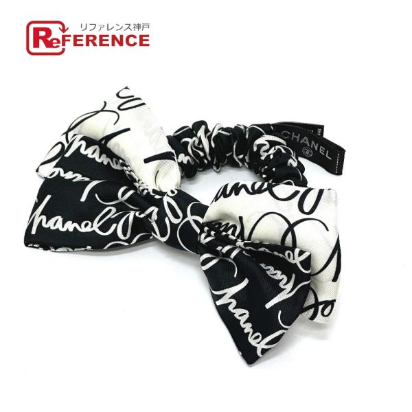 未使用 CHANEL シャネル 総柄 バイカラー リボン ヘアアクセサリー 髪飾り 小物 シュシュ ...