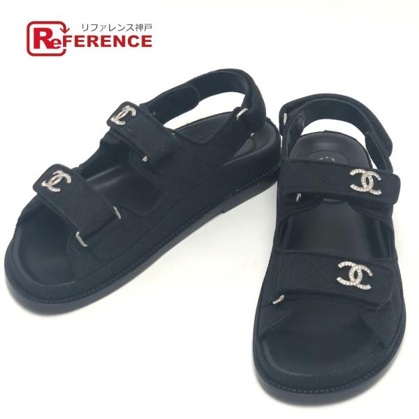 未使用 CHANEL シャネル ラインストーン ココマーク マトラッセ 靴 フラット ベルクロサンダ...