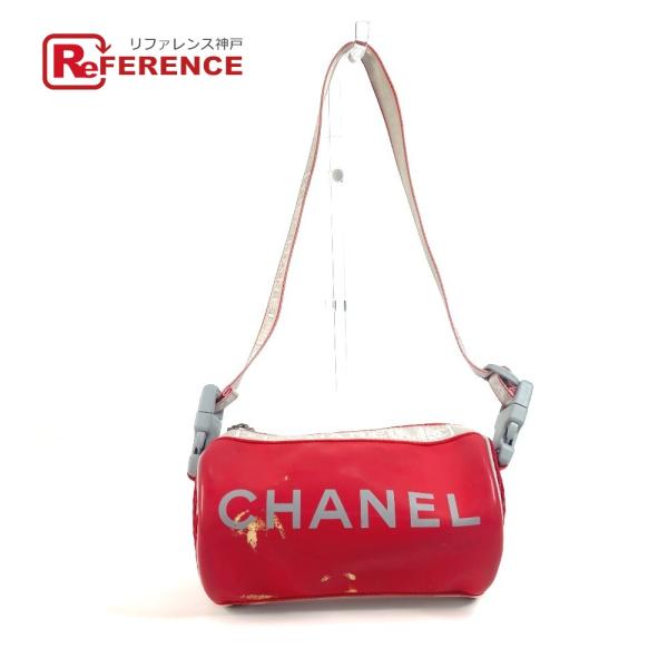 CHANEL シャネル ロゴ 筒形 肩掛け  スポーツ バイカラー ハンドバッグ レッド レディース...