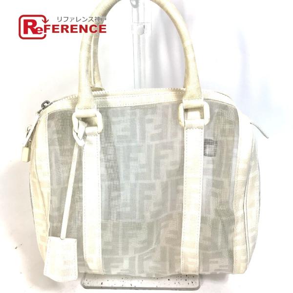 FENDI フェンディ ハンドバッグ カバン ズッカ メッシュ ミニ ボストンバッグ レザー ホワイ...