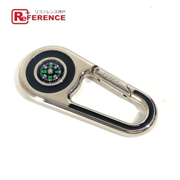 美品 FENDI フェンディ ロゴ 方位磁石付き カラビナ バッグチャーム キーホルダー シルバー ...