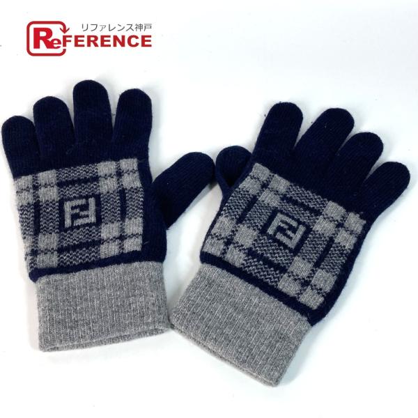 美品 FENDI フェンディ FXY010 ロゴ グローブ チェック FF バイカラー 手袋 ネイビ...
