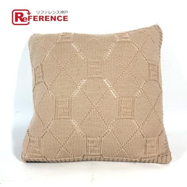 美品 FENDI フェンディ ロゴ ズッカ ピロー 枕 インテリア ニット クッション ベージュ レ...