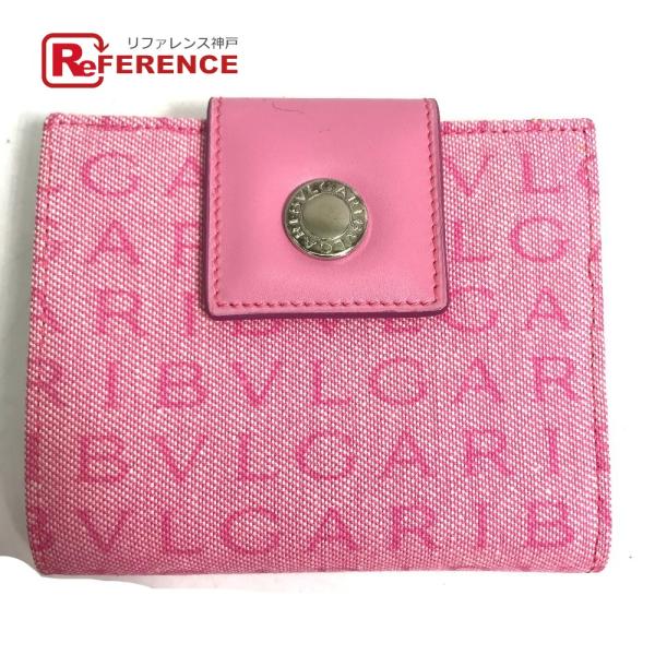 美品 BVLGARI ブルガリ ロゴマニア コンパクトウォレット 2つ折り財布 ピンク レディース【...