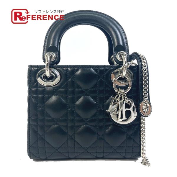 Dior ディオール レディディオール カナージュ ミニ 2WAY ショルダーバッグ レザー ブラッ...