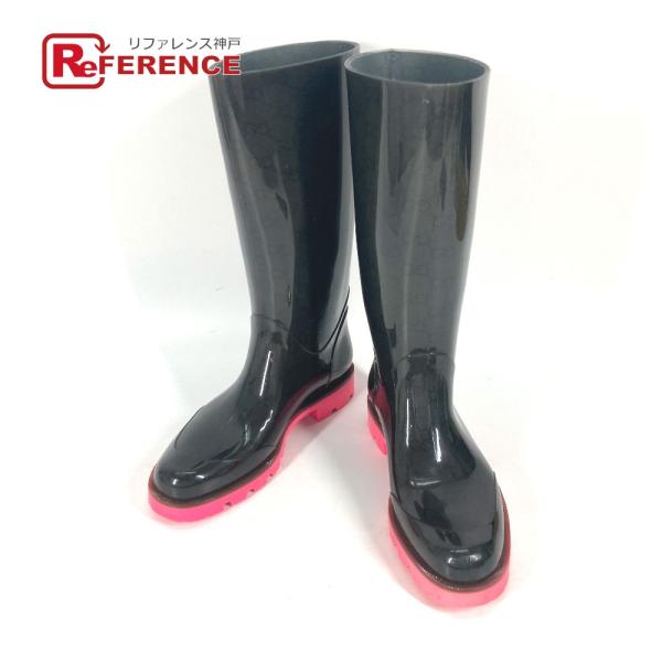 GUCCI グッチ ロゴ レインブーツ ロングブーツ バイカラー 長靴 レインシューズ ブラック レ...