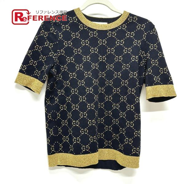 GUCCI グッチ CA37394 ラメ切替 GG柄 ニット アパレル 半袖Ｔシャツ ネイビー レデ...