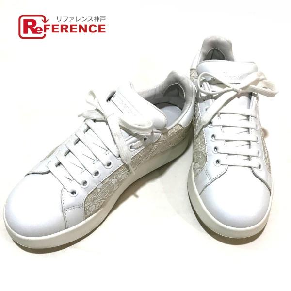 美品 DOLCE&amp;GABBANA ドルガバ レースモチーフ スニーカー 牛革  / ポリエステル レ...