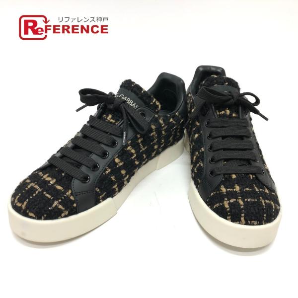 新品同様 DOLCE&amp;GABBANA ドルチェアンドガッバーナ ツイード ロゴ スニーカー ブラック...