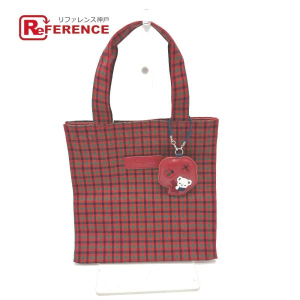 未使用  ファミリア ギンガムチェック チャーム付き カバン ロゴ 小サイズ トートバッグ レッド ...