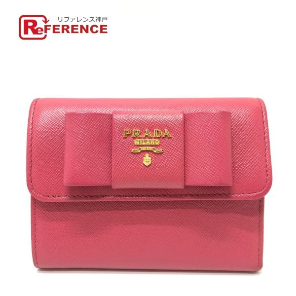 美品 PRADA プラダ 1MH840 リボン 財布 ウォレット コンパクトウォレット ロゴ 3つ折...