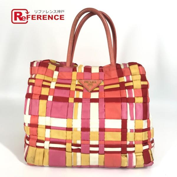 PRADA プラダ トライアングルロゴ 三角ロゴ プレート カバン トートバッグ 編み込み ロゴ ハ...