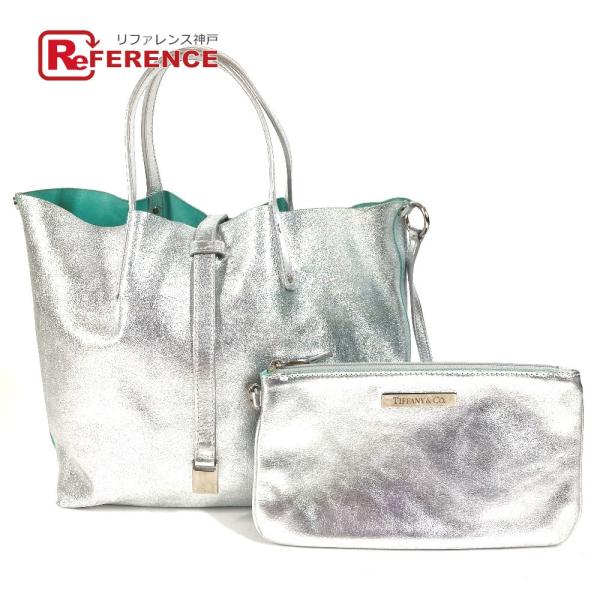 TIFFANY&amp;Co. ティファニー ロゴ リバーシブル メタリック カバン トートバッグ ポーチ付...