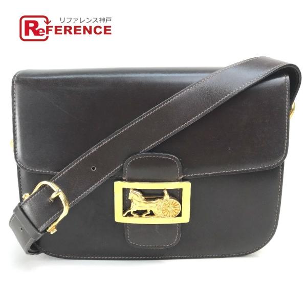 CELINE セリーヌ ヴィンテージ 馬車金具 肩掛けショルダーバッグ レザー レディース ダークブ...