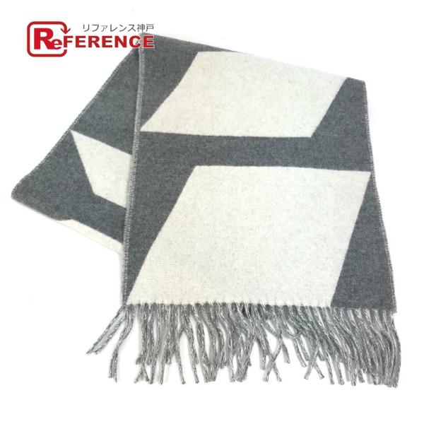 美品 HERMES エルメス カザック・オプティック フリンジ バイカラー マフラー グレー×ホワイ...