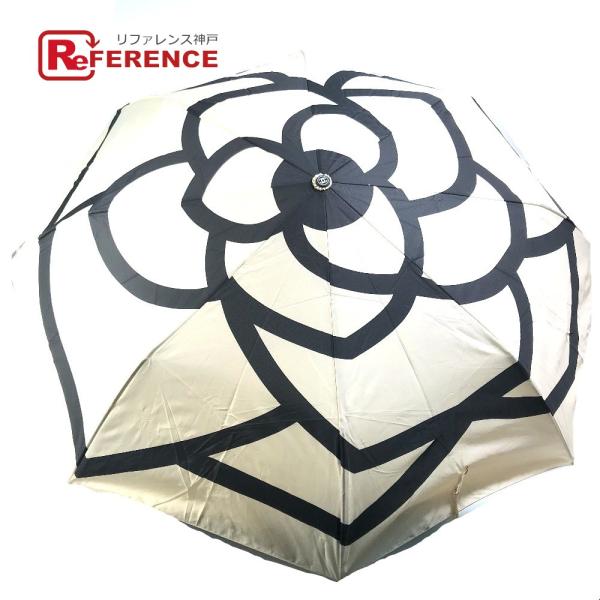 CHANEL シャネル ワンタッチ 折り畳み アンブレラ カメリア ココマーク 傘 ベージュ系 レデ...