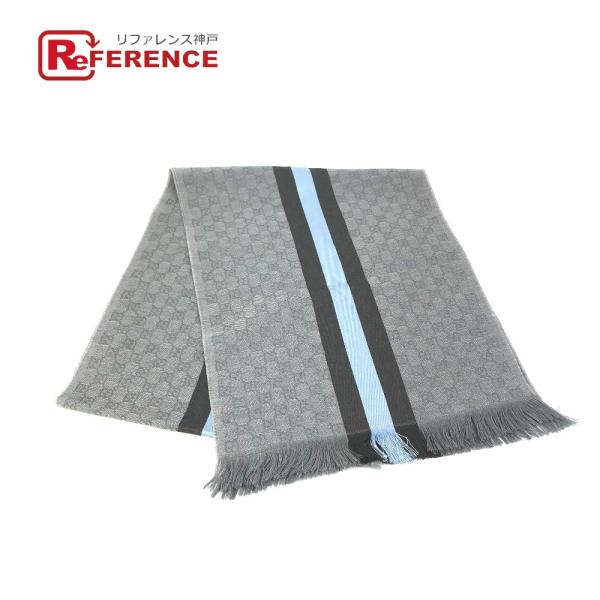 GUCCI グッチ 542984 GG フリンジ マフラー ウール グレー×ブルー×ブラック メンズ...