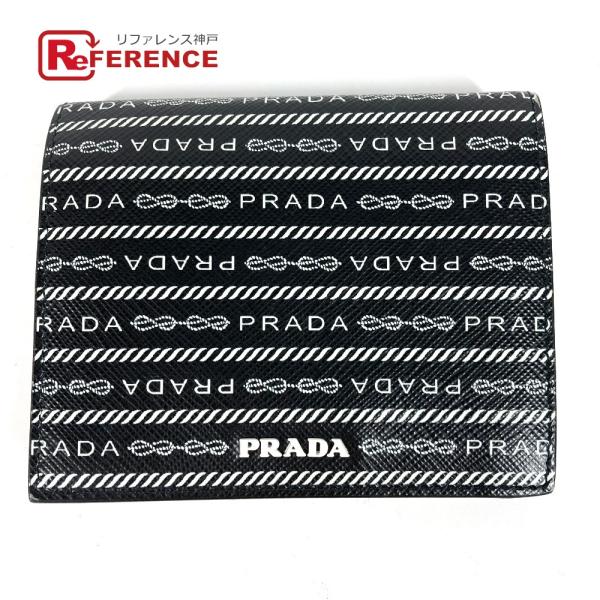 未使用 PRADA プラダ 1MV204 総柄 ロゴ コンパクトウォレット 2つ折り財布 ブラック ...
