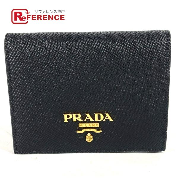 新品同様 PRADA プラダ ロゴ コンパクトウォレット 2つ折り財布 ブラック レディース.【中古...