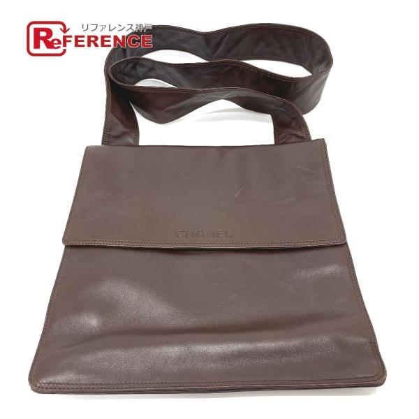 CHANEL シャネル ロゴ サコッシュ 斜めがけ ショルダーバッグ ラムスキン ブラウン ユニセッ...