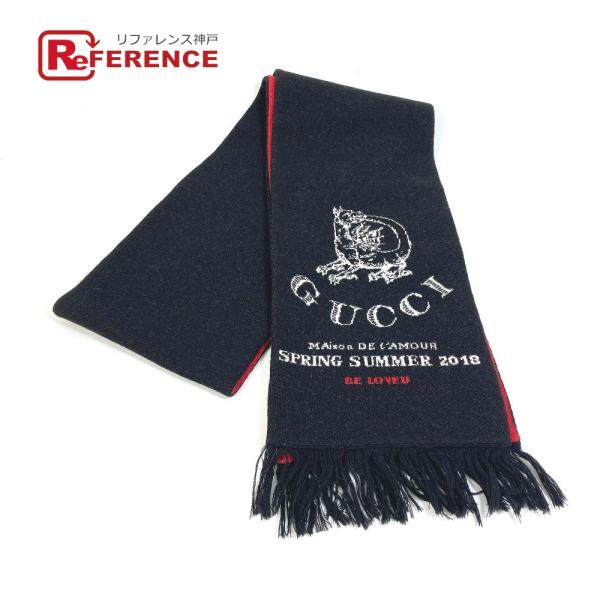 GUCCI グッチ BE LOVED フリンジ マフラー ウール ブラック レッド メンズ【中古】美...