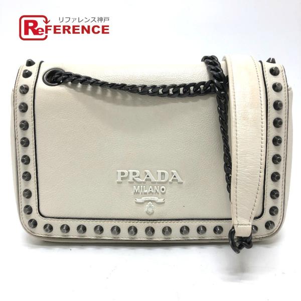 PRADA プラダ 1BD147 ロゴ スタッズ チェーンショルダー カバン ショルダーバッグ レザ...