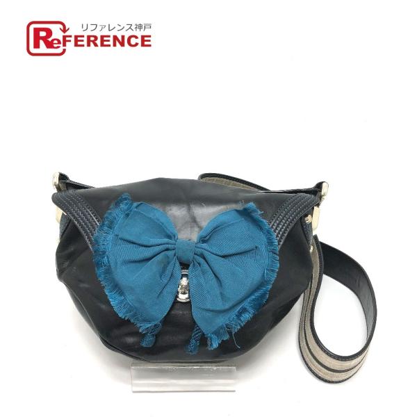 CELINE セリーヌ 115/130 リボン 斜め掛け カバン ショルダーバッグ レザー ブラック...