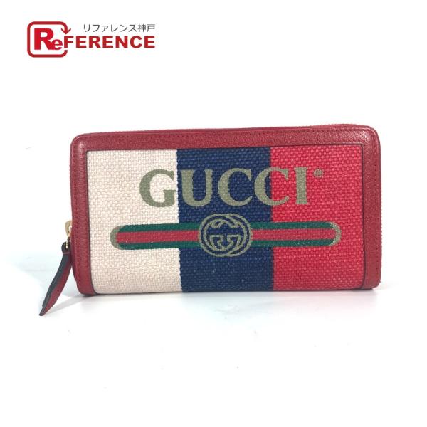 美品 GUCCI グッチ 524790 ロゴ ストライプ ラウンドファスナー ロングウォレット 長財...