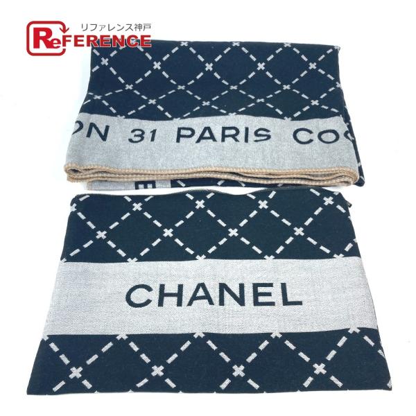 美品 CHANEL シャネル ロゴ ポーチ付き  インテリア ひざかけ 大判 ブランケット ブラック...