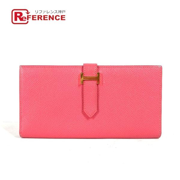 美品 HERMES エルメス ベアンスフレ 2つ折り ロングウォレット Hロゴ 長財布 ローズアザレ...