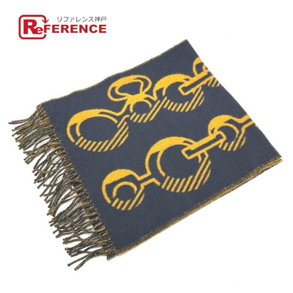 HERMES エルメス ドレ バックル フリンジ マフラー ネイビー レディース【中古】