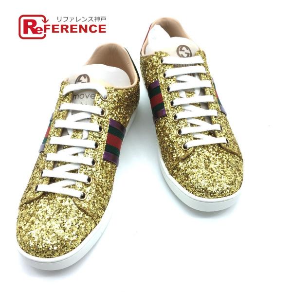 未使用 GUCCI グッチ 475610 シェリーライン エース ゴールド スパンコール シューズ ...