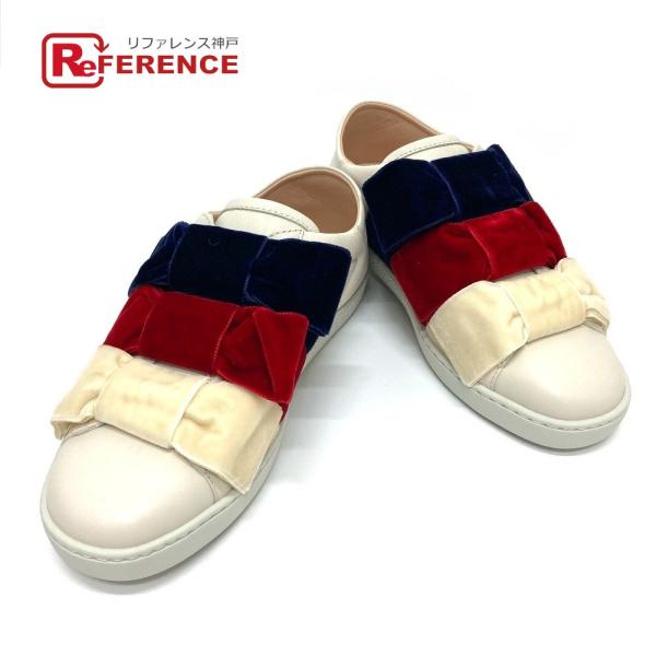 美品 GUCCI グッチ 524989 リボン BEE 蜂 ローカット スニーカー レザー ホワイト...