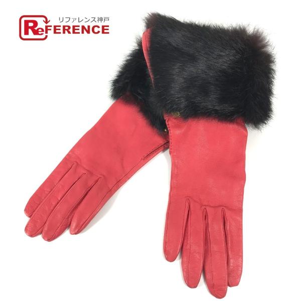 HERMES エルメス ファー アパレル セリエボタン 服飾小物 手袋 レッド レディース【中古】