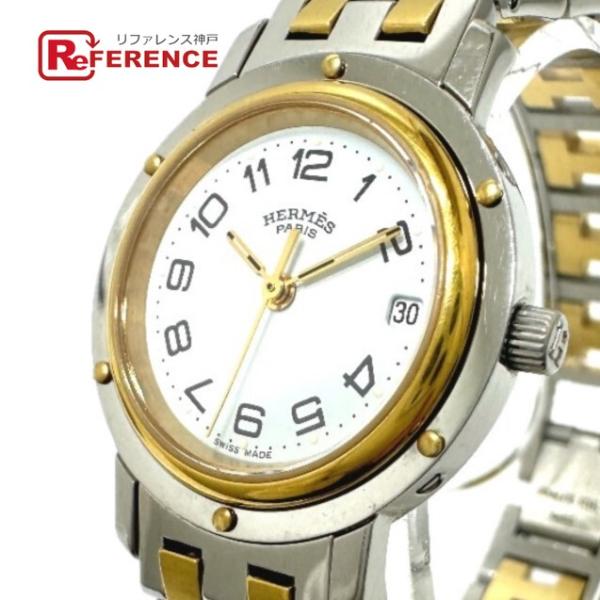 HERMES エルメス CL3.240 クリッパー クォーツ デイト 腕時計 シルバー レディース【...