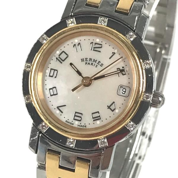 HERMES エルメス CL4.222 クリッパー ナクレ クォーツ コンビ 12P ダイヤ ダイヤ...