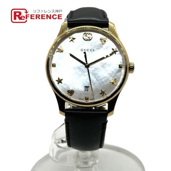 GUCCI グッチ YA126.4 マザーオブパール クォーツ デイト 腕時計 SS ゴールド レデ...