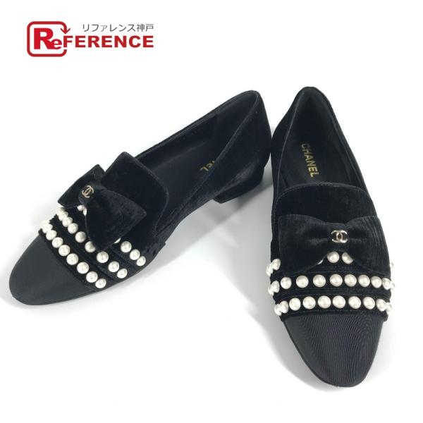 CHANEL シャネル G34249 リボン パール ココマーク CC ロゴ パンプス フラットシュ...