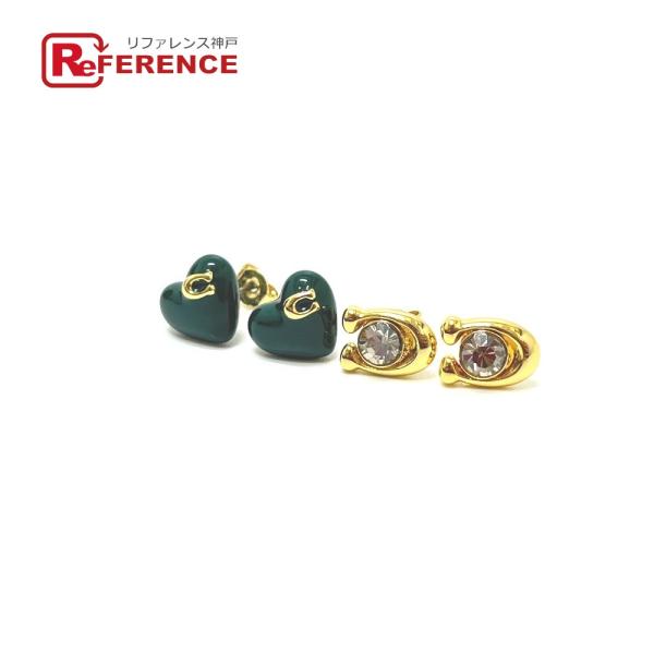 新品同様 COACH コーチ ハート ビジュー 2点セット 両耳 ピアス グリーン×ゴールド レディ...
