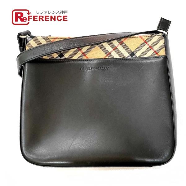 BURBERRY バーバリー チェック スクエア型 肩掛け ショルダーバッグ レザー ブラック×ベー...