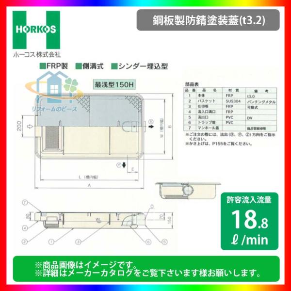 ★[GFR-25JEU_鋼板製防錆塗装蓋]　ホーコス グリストラップ 超浅型 グリース阻集器 側溝式...