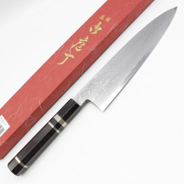 【未使用】堺實光 別誂 青鋼ダマスカス 牛刀 七寸 銀巻黒檀柄 刃渡り約210mm 和牛刀 包丁