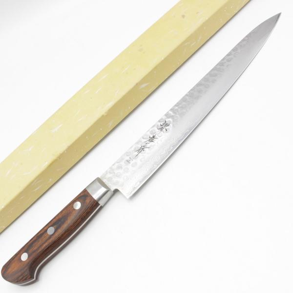 【美品】堺孝行 V金10号 17層ダマスカス鋼 筋引包丁 八寸 槌目 鍔付柄 刃渡り約240mm 洋...