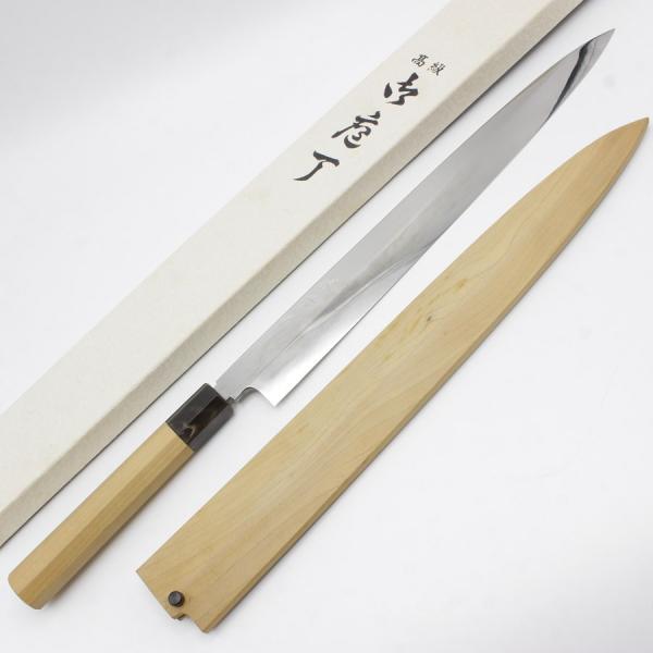 ボーナスストア+5％【未使用】堺正行 池田辰男作 水本焼 波紋あり 白二鋼 柳包丁 尺一 朴柄八角柄...