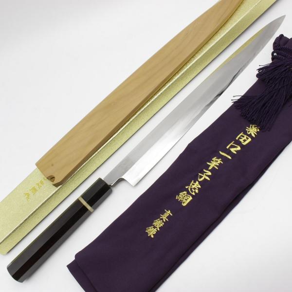 ボーナスストア+5％【未使用】粟田口一竿子忠綱 霞 白一鋼 柳包丁 尺一 八角黒檀柄 朴鞘 袋付き ...