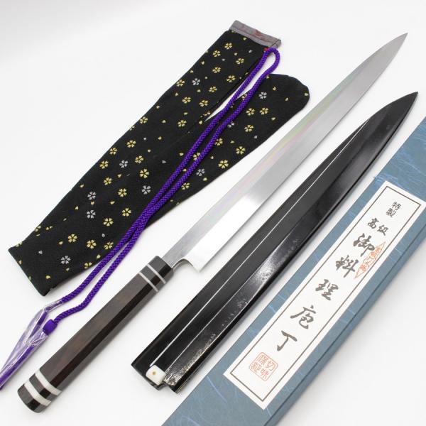 【未使用】源泰邦 本焼 青一鋼 てっさ包丁 尺一 鏡面 八角 黒檀柄 大理石挟み 袱紗 鞘付き 刃渡...