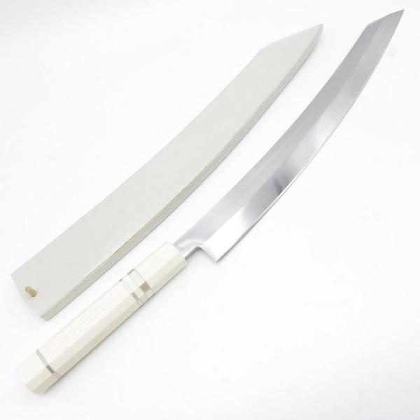 【ボーナスストア+5％】VG10 本焼 切付柳刃 鬼反り 尺一 人工象牙 三本銀巻柄 全鏡面 鞘付 ...