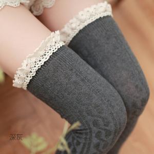 レギンス 工房]レース 付いた グレー ニーハイソックス 美脚 スリムレギンス 紫外線カット 秋 大雨